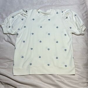 White Short Sleeve Top with Blue Embroidery